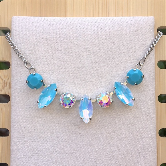 Jewelry - Turquoise, White + Aquamarine Aurora Borealis Opal Crystal + Silver Necklace